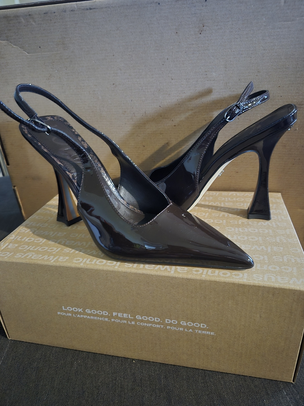 Sam Edelman Glossy Dark Brown Pointed Slingback Heels 7